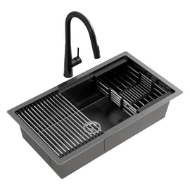 Cefito Stainless Steel Sink 70x45CM With Pull Out Mixer Tap Kitchen Basin Single Bowl Black - RnR Galore