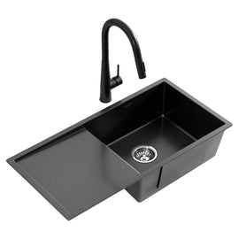 Cefito Stainless Steel Sink 75x45CM With Pull Out Mixer Tap Kitchen Basin Single Bowl Black - RnR Galore