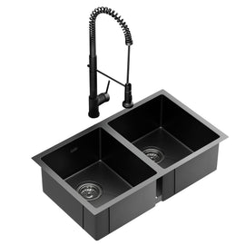 Cefito Stainless Steel Sink 77x45CM With Pull Out Mixer Tap Kitchen Double Bowl Black - RnR Galore
