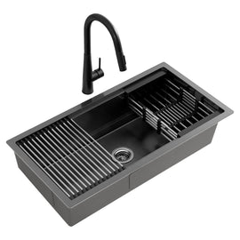 Cefito Stainless Steel Sink 81x45CM With Pull Out Mixer Tap Kitchen Basin Single Bowl Black - RnR Galore