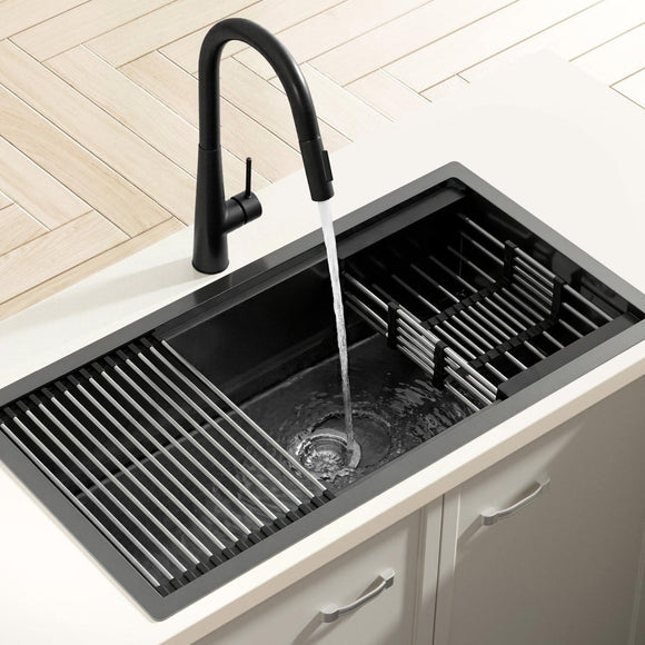 Cefito Stainless Steel Sink 81x45CM With Pull Out Mixer Tap Kitchen Basin Single Bowl Black - RnR Galore