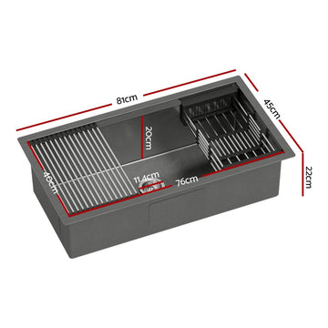 Cefito Stainless Steel Sink 81x45CM With Pull Out Mixer Tap Kitchen Basin Single Bowl Black - RnR Galore
