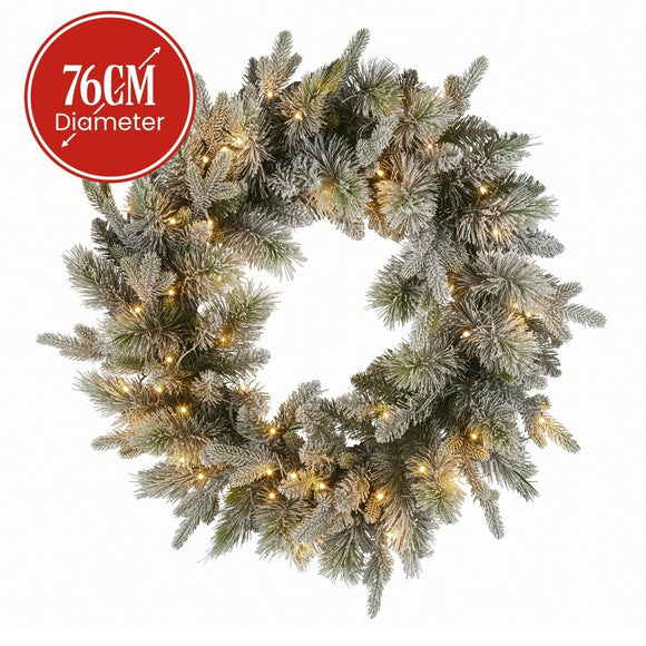 Christabelle 76cm Christmas Wreath Snowy Stamford Spruce with LED Lights Front Door Decoration Ornament - RnR Galore