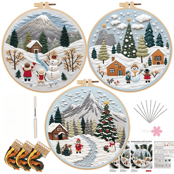Christmas Embroidery DIY Kit with 20CM Faux Bamboo Hoop - Nordic Style Cross Stitch Material Pack (Style 3) - RnR Galore