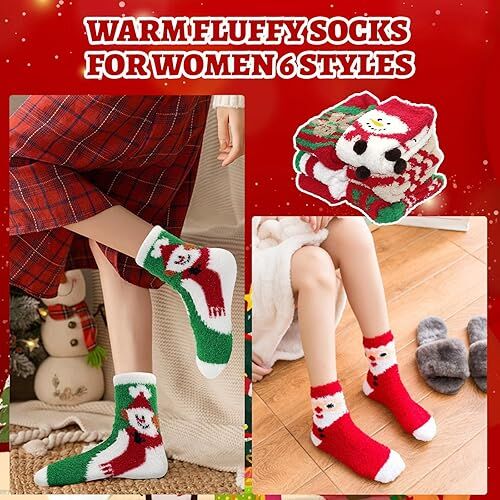 Christmas Socks - 6 Pairs Cozy Warm Fluffy Plush Bed Socks for Women, Girls - Cute Coral Fleece Xmas Indoor - RnR Galore