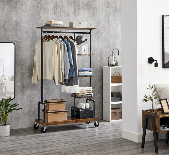 Clothing Garment Rack on Wheels with 5 - Tier, Industrial Pipe Style, Rustic Brown - RnR Galore