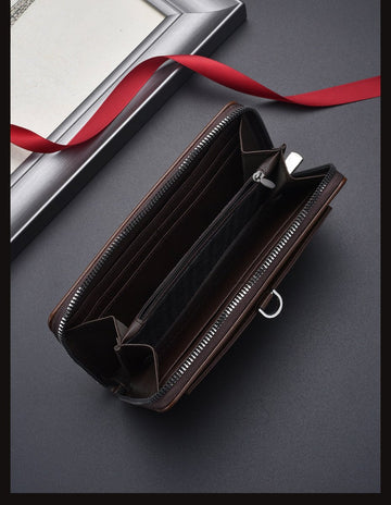 Coffee Classic Long Zipper Wallet Clutch - Large Capacity PU Leather Phone & Card Holder with Wrist Strap - RnR Galore