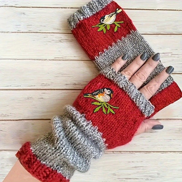 Color - Block Bird Embroidered Fingerless Knit Gloves – Warm, Flexible, Perfect for Daily Autumn/Winter Use, 8.5×22cm Stylish Practical Commute Hand - Warming Essential(black) - RnR Galore