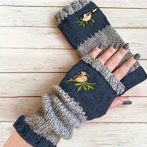 Color - Block Bird Embroidered Fingerless Knit Gloves – Warm, Flexible, Perfect for Daily Autumn/Winter Use, 8.5×22cm Stylish Practical Commute Hand - Warming Essential(GREEN) - RnR Galore