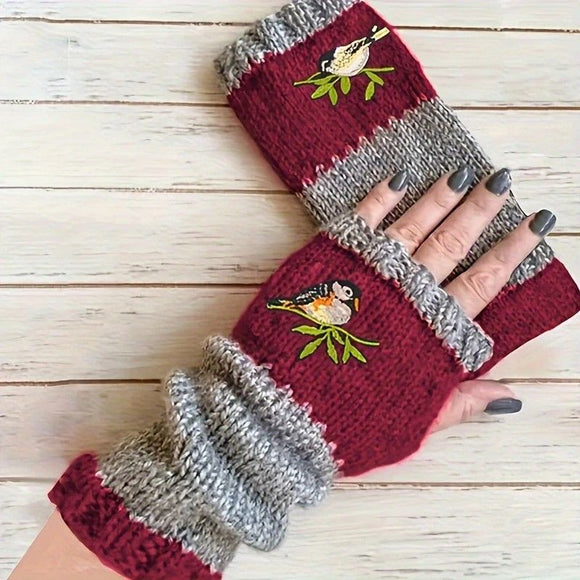 Color - Block Bird Embroidered Fingerless Knit Gloves – Warm, Flexible, Perfect for Daily Autumn/Winter Use, 8.5×22cm Stylish Practical Commute Hand - Warming Essential(GREEN) - RnR Galore