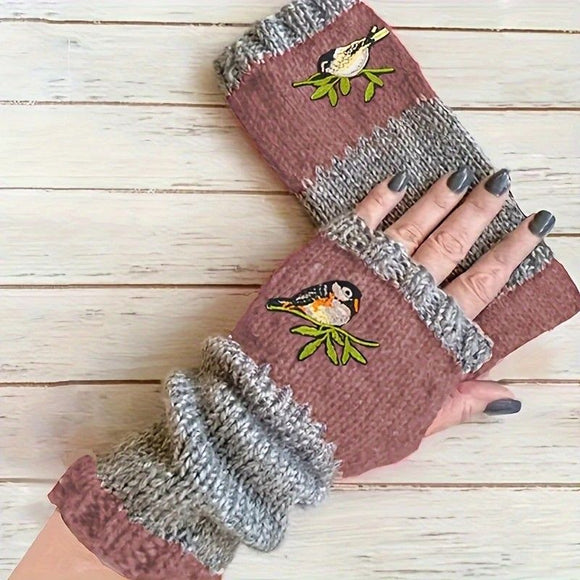 Color - Block Bird Embroidered Fingerless Knit Gloves – Warm, Flexible, Perfect for Daily Autumn/Winter Use, 8.5×22cm Stylish Practical Commute Hand - Warming Essential(GREEN) - RnR Galore