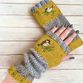 Color - Block Bird Embroidered Fingerless Knit Gloves – Warm, Flexible, Perfect for Daily Autumn/Winter Use, 8.5×22cm Stylish Practical Commute Hand - Warming Essential(purple) - RnR Galore