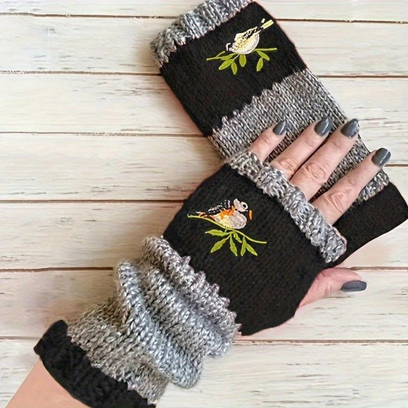 Color - Block Bird Embroidered Fingerless Knit Gloves – Warm, Flexible, Perfect for Daily Autumn/Winter Use, 8.5×22cm Stylish Practical Commute Hand - Warming Essential(purple) - RnR Galore
