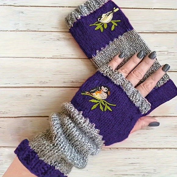 Color - Block Bird Embroidered Fingerless Knit Gloves – Warm, Flexible, Perfect for Daily Autumn/Winter Use, 8.5×22cm Stylish Practical Commute Hand - Warming Essential(purple) - RnR Galore