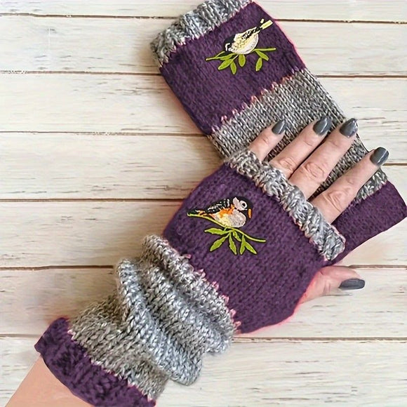 Color - Block Bird Embroidered Fingerless Knit Gloves – Warm, Flexible, Perfect for Daily Autumn/Winter Use, 8.5×22cm Stylish Practical Commute Hand - Warming Essential(red) - RnR Galore