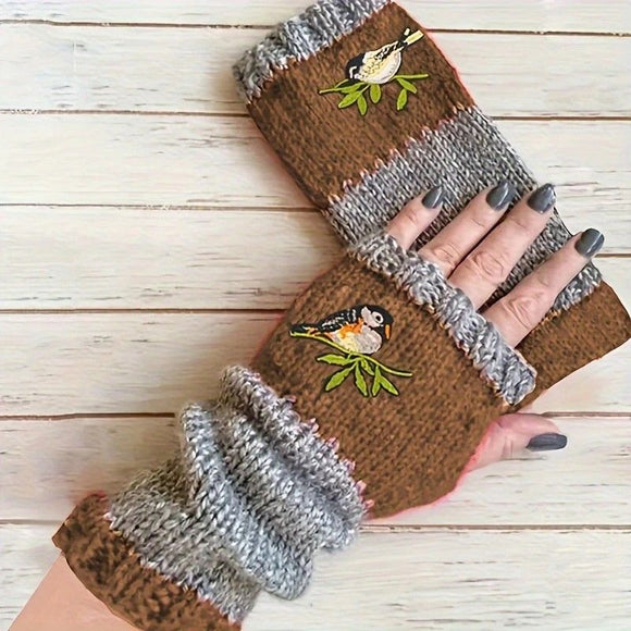Color - Block Bird Embroidered Fingerless Knit Gloves – Warm, Flexible, Perfect for Daily Autumn/Winter Use, 8.5×22cm Stylish Practical Commute Hand - Warming Essential(red) - RnR Galore