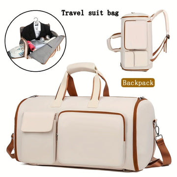 Convertible Travel Garment Bag Large Duffel Suit Carrier with Shoe Compartment & Hidden Backpack Straps Waterproof Beige White - RnR Galore