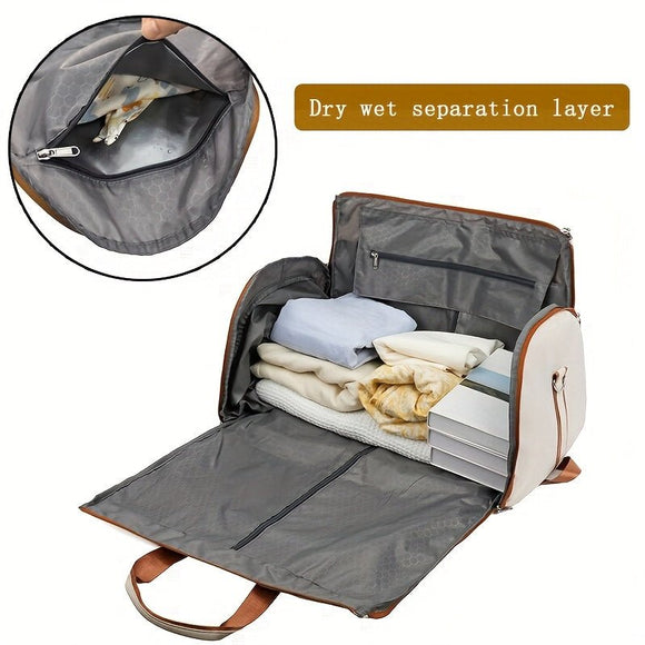 Convertible Travel Garment Bag Large Duffel Suit Carrier with Shoe Compartment & Hidden Backpack Straps Waterproof Beige White - RnR Galore