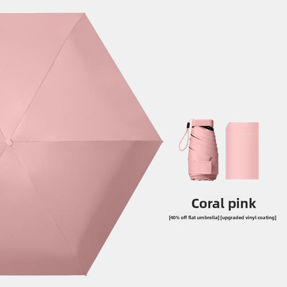 Coral pink Compact Mini Travel Umbrella UPF50+ UV Protection Waterproof 6 - Fold Flat Design Lightweight Sun & Rain Parasol for Handbag - RnR Galore
