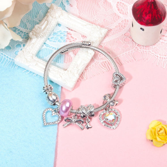 Cute Heart - shaped Beaded Bracelet with Rhinestones(17cm) - RnR Galore