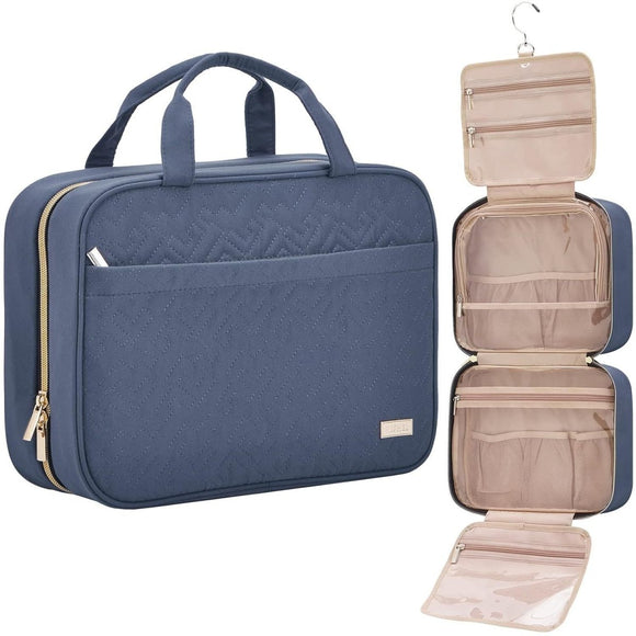 Dark Blue Large Capacity Hanging Toiletry Bag for Women(30.5 x 22.5 x 12 cm) - Checked Pattern Waterproof Cosmetic Organizer, Dry/Wet Separation & Multi - Compartment - RnR Galore