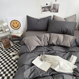 Dark gray and light gray Washed Cotton Bedding Set - Solid Color Fitted Sheet Style, 4 - Piece Set for 1.5m Bed, Includes 10 Random Color Quilt Fasteners - RnR Galore