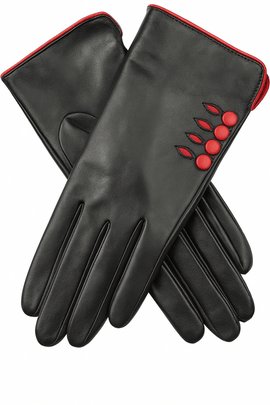 Dents Womens Leather Gloves w/ Button Detail Piped Cuff & Silk Feel Lining - Black/Berry - Large - RnR Galore