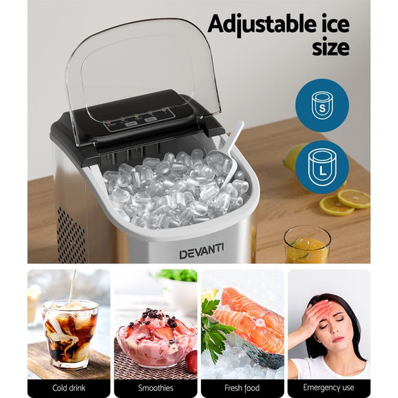 Devanti 12kg Ice Maker Machine w/Self Cleaning Silver - RnR Galore