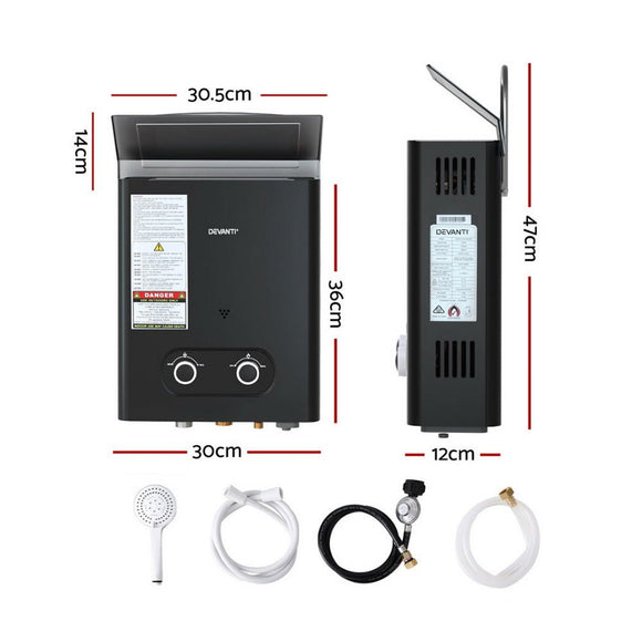 Devanti Portable Gas Water Heater LPG - powered System Black - RnR Galore