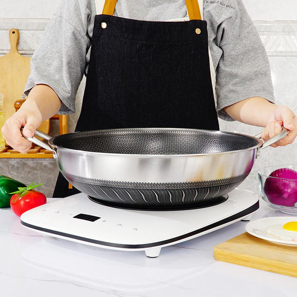 Double Ear 304 Stainless Steel 40cm Non - Stick Stir Fry Cooking Kitchen Wok Pan with Lid Honeycomb Double Sided - RnR Galore