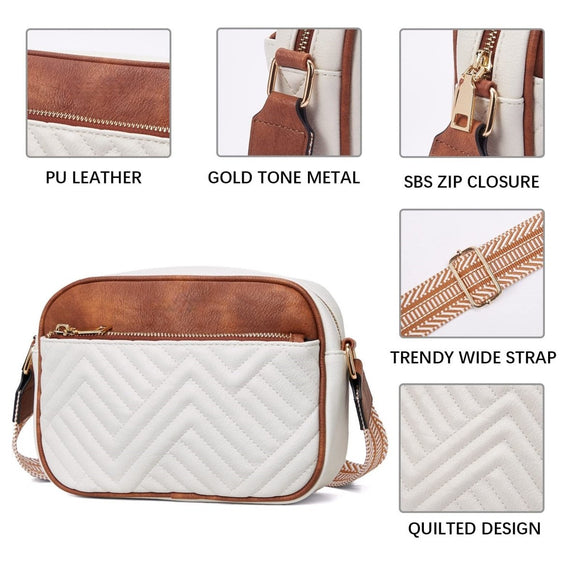 Double Zipper Grey Chic Quilted Crossbody Bag - Vintage PU Leather Shoulder Purse with Adjustable Strap - RnR Galore