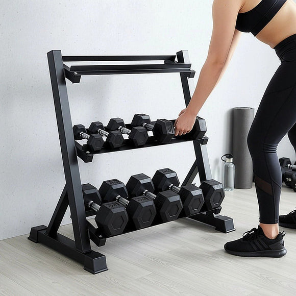 Dumbbell Rack Storage Stand Hex Weight Heavy Duty 3 Tier Wide Home Gym Fitness - RnR Galore