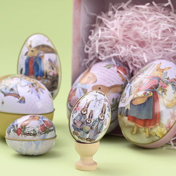 Easter Decorative Tin Egg Set of 3 Sizes with Vintage Rabbit Artwork for Home Display and Gift Giving(Style E) - RnR Galore
