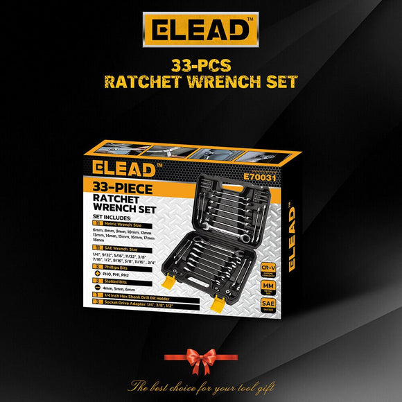 ELEAD 33Pcs Ratchet Wrench Set SAE Metric Wrench Phillips Slotted Bits Adapter - RnR Galore