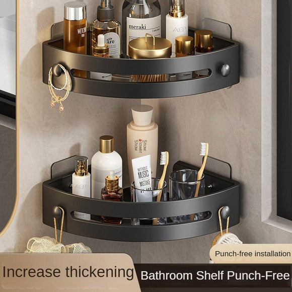 Elegant black Premium No - Drill Corner Shower Caddy - Thickened ABS Bathroom Storage Shelf with Hooks, Quick Wall Mount Organiser - RnR Galore