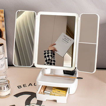 Elegant Tri - Fold Shell LED Vanity Mirror - Smart Makeup Gift with Storage & Illumination - RnR Galore
