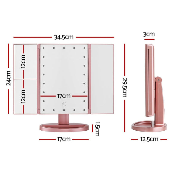 Embellir Tri - fold Makeup Mirror 1X2X3X Magnifying with LED Light Travel Portable Pink - RnR Galore