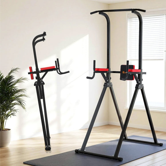Everfit Chin Up Tower Pull Up Station Adjustable Dip Station Folding Home Gym Black - RnR Galore