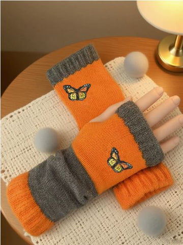 Fashion Color - Block Butterfly Embroidered Knit Gloves, Warm Fit 8.5×22cm, Practical Sweet Stylish Essential for Autumn/Winter Outfits(black) - RnR Galore