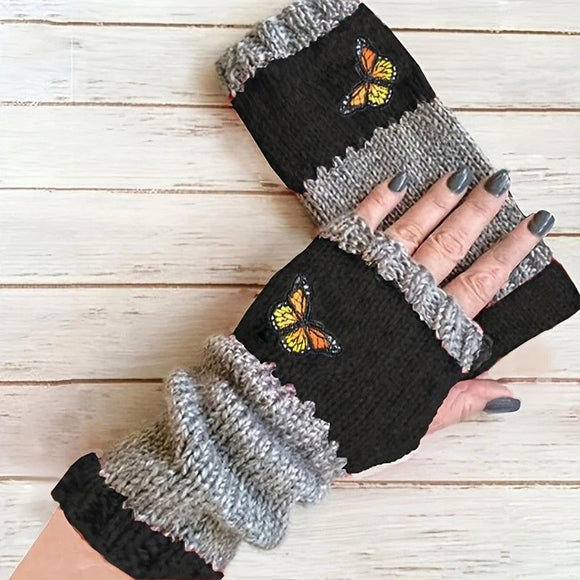 Fashion Color - Block Butterfly Embroidered Knit Gloves, Warm Fit 8.5×22cm, Practical Sweet Stylish Essential for Autumn/Winter Outfits(black) - RnR Galore