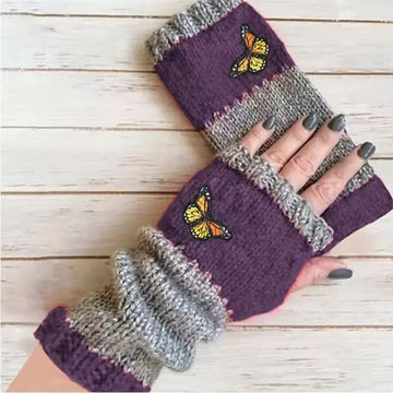 Fashion Color - Block Butterfly Embroidered Knit Gloves, Warm Fit 8.5×22cm, Practical Sweet Stylish Essential for Autumn/Winter Outfits(black) - RnR Galore