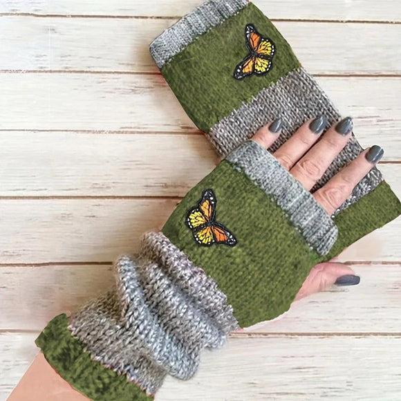 Fashion Color - Block Butterfly Embroidered Knit Gloves, Warm Fit 8.5×22cm, Practical Sweet Stylish Essential for Autumn/Winter Outfits(RED) - RnR Galore