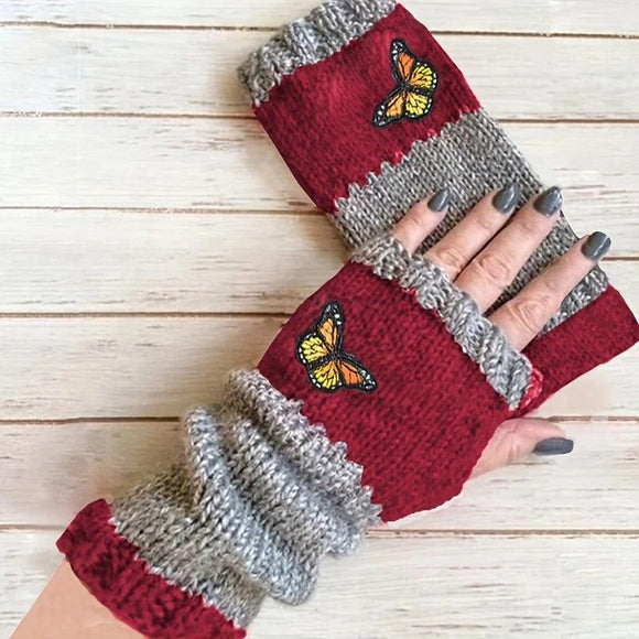 Fashion Color - Block Butterfly Embroidered Knit Gloves, Warm Fit 8.5×22cm, Practical Sweet Stylish Essential for Autumn/Winter Outfits(RED) - RnR Galore