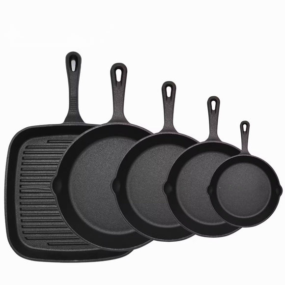 Five - piece set Heavy Duty Cast Iron Skillet & Grill Pan Thickened Vintage Style Cookware for Steak Breakfast & Camping - RnR Galore