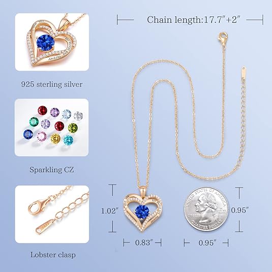 Forever Love Heart Birthstone Necklace: 925 Sterling Silver Personalized Jewelry for Mom, Wife, Friend with 12 Month Stone Options（blue diamond,December） - RnR Galore