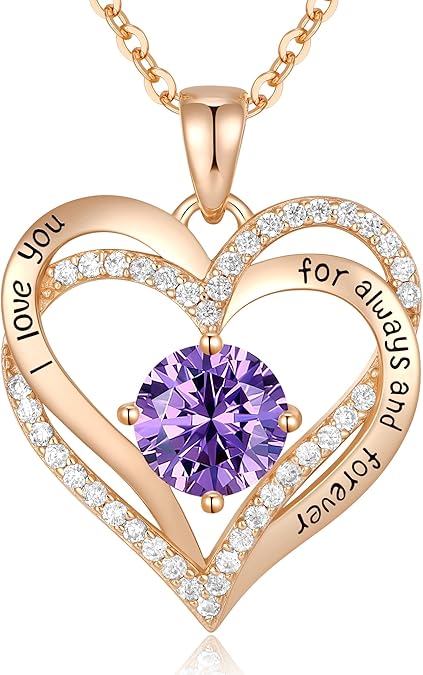 Forever Love Heart Birthstone Necklace: 925 Sterling Silver Personalized Jewelry for Mom, Wife, Friend with 12 Month Stone Options（purple diamond,February） - RnR Galore
