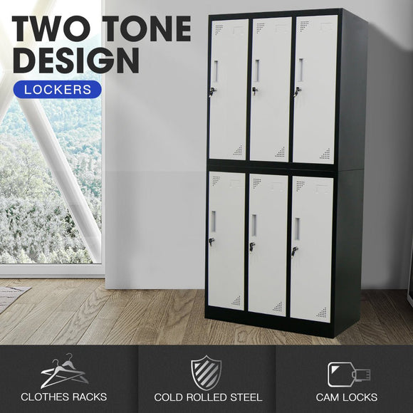 Fortia 6 Door Metal Storage Cabinet Lockers for Gym Office - Black and Grey - RnR Galore