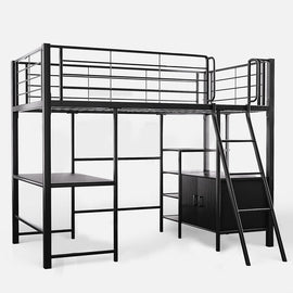 Gaming Loft Bed with Desk and Storage Cabinet, Steel Metal Frame, Space Saving Design, for Single Mattress, Matte Dark Grey - RnR Galore