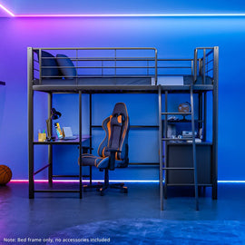 Gaming Loft Bed with Desk and Storage Cabinet, Steel Metal Frame, Space Saving Design, for Single Mattress, Matte Dark Grey - RnR Galore