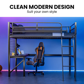 Gaming Loft Bed with Desk, Gridwall, Steel Metal Frame, Space Saving Design, for Single Mattress, Matte Dark Grey - RnR Galore